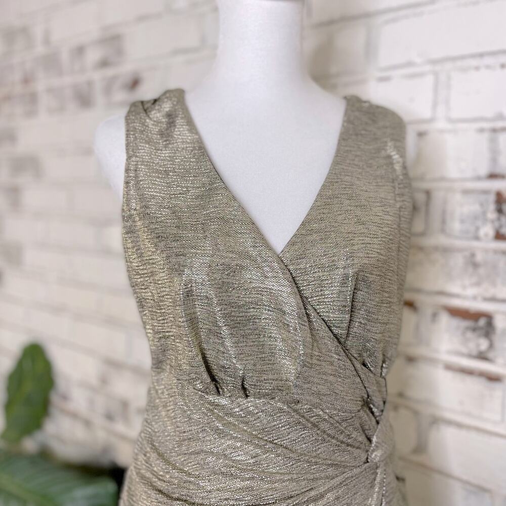 Anthropologie Kari Gold Metallic Faux Wrap V-neck New Years Wedding Midi Dress S